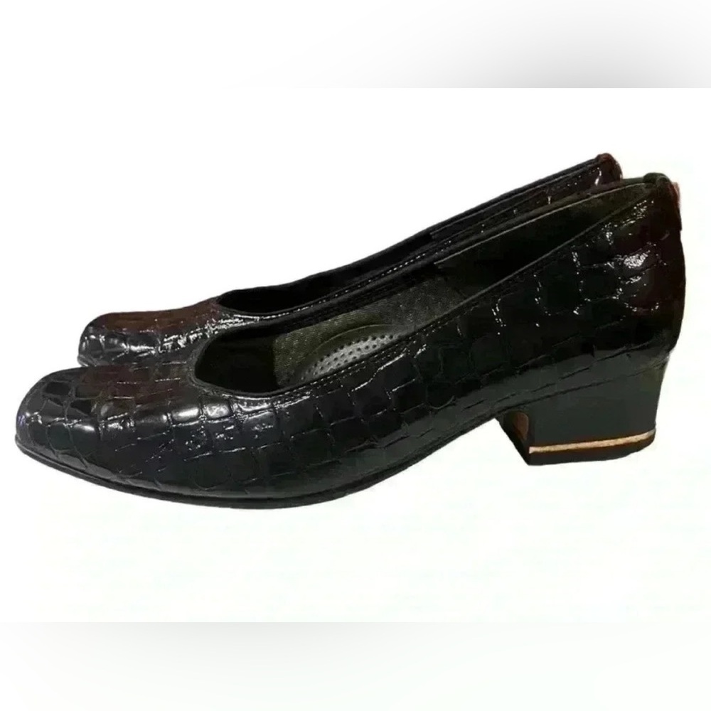 ARA Crocodile Embossed Black Slip On Mid Heel Comfort Pumps Navy Blue